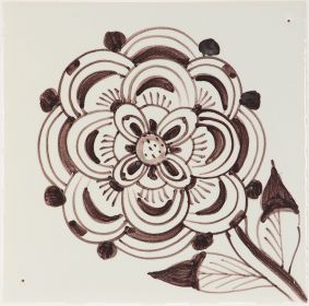 Hand-painted Delft tile sample with roses on a stem painted in manganese, enhanced with pinholes