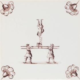 Hand-painted Delft tiles sample featuring acrobatic scenes known as balanced acts, painted in manganese on Poarte H