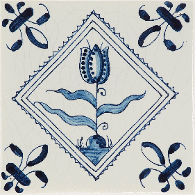 Hand-painted Delft tiles sample with classic Dutch tulips in blue, enhanced with pinholes and a crackled finish