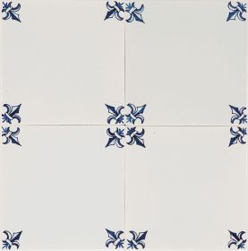 Decorative hand-painted Delft tiles with fleur-de-lis corner motifs in blue