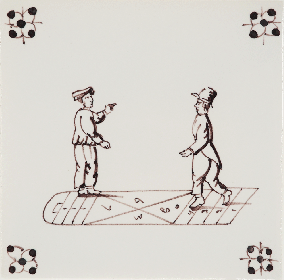 Hand-painted Delft tile sample with child's play scenes painted in manganese, enhanced with pinholes