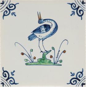 Hand-painted Delft tile sample with Birds and flowers, decorated with ox-head corner motifs and enhanced with pinholes