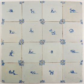 Antique Delft wall tiles with animals, 17th century