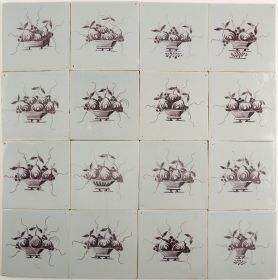 Antique Delft wall tiles with Fruit baskets in manganese, 18th century