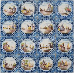 Antique Delft wall tiles in polychrome with various landscape scenes, original 19th century