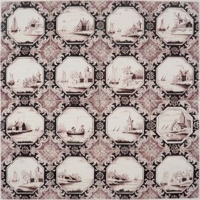Antique Delft wall tiles in manganese with various landscape scenes, 19th century