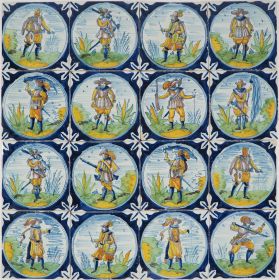 Antique Delft wall tiles with soldiers, 17th century