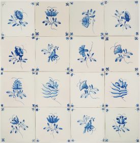 Antique Dutch Delft wall tiles with flowers in blue, 19th century