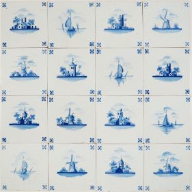 Antique Delft wall tiles in blue with landscapes, 19th - 20th century