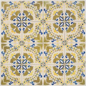 Antique Delft ornament wall tiles by Van Hulst, Harlingen, featuring a repeating floral motif in blue, yellow and green, early 20th century