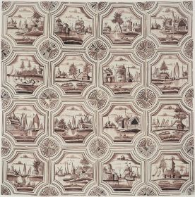 Antique Dutch Delft wall tiles in manganese landscape scenes, 18th/19th century