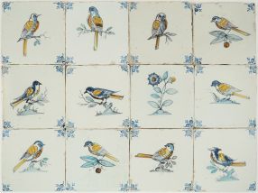 Set of antique 17th-century Delft wall tiles with polychrome birds, 17th century