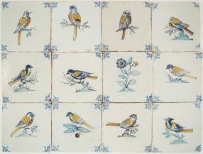 Set of antique 17th-century Delft wall tiles with polychrome birds, 17th century