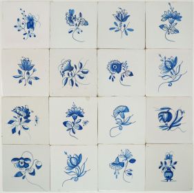 Antique Delft wall tiles with small Frisian flowers in cobalt blue, 19th century