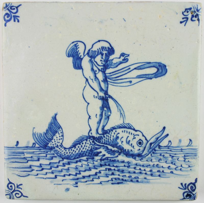 Antique Dutch Delft tile depicting Cupid standing on a whale while