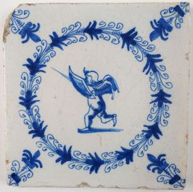 Antique Delft tile with Cupid wielding a sword and shield, 17th century