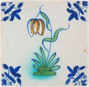 Antique Delft tile with a polychrome flower 'Snake's head', 17th century