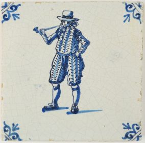 Antique Delft tile with a man smoking a tobacco pipe, 17th century