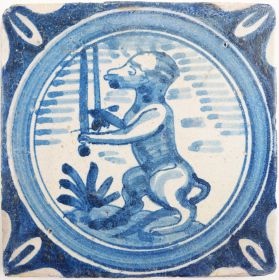 Antique Delft tile with an ape, 17th century 