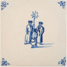 Antique Delft tile with three children celebrating the three kings, 18th century