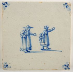 Antique Delft tile with two women, 17th century