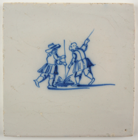 Antique Delft tile with two farmers pole leaping across a canal, 18th century