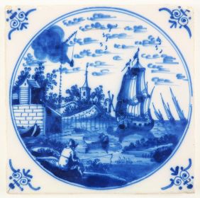 Antique Delft tile with a detailed harbor scene, 18th century Amsterdam