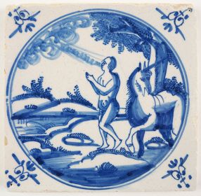 Antique Delft tile with the creation of men, 18th century Amsterdam