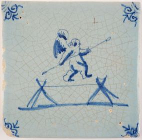 Antique Delft tile with Cupid on a balancing rope, 17th century