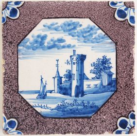 Antique Delft tile with a city wall, 18th century