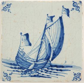 Antique Delft tile with a cargo boat, 17th century