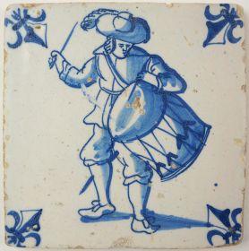 Antique Delft tile with a drummer, 17th century