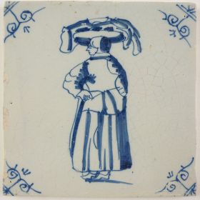 Antique Delft tile with a woman carrying goods, 18th century