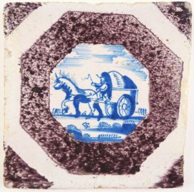 Antique Delft tile with a covered wagon, 17th century