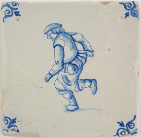 Antique Delft tile with a dancing man, 17th century