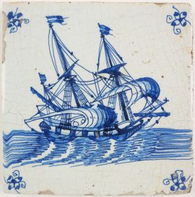 Antique Delft tile with a Fluyt, 17th century