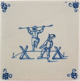 Antique Delft tile with acrobats on a balancing cord, 18th century