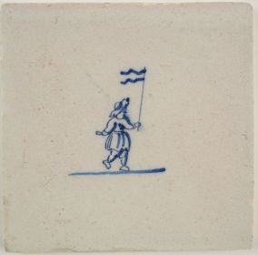 Antique Delft tile with flag-waving, 18th century
