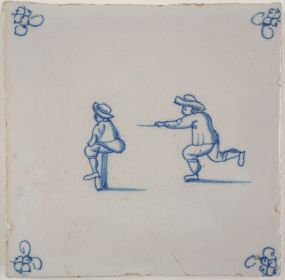 Antique Delft tile with a game of leap-frog, 18th century 