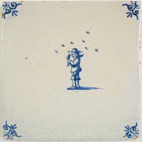 Antique Delft tile with a man keeping birds, 17th century