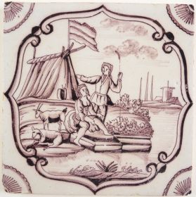 Antique Delft tile with two shepherds, 18th century