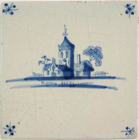 Antique Delft tile with a church, 17th century