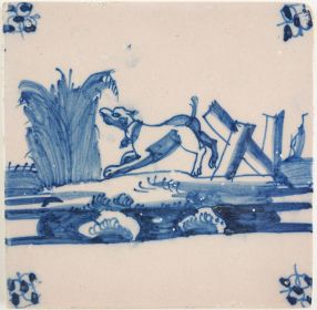 Antique Delft tile with a dog barking, 18th century 