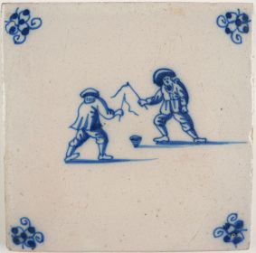 Antique Delft tile with two men spinning tops, 18th century
