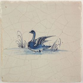 Antique Delft tile with a swan in blue, 17th century
