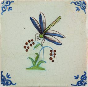 Antique Delft tile depicts a polychrome dragonfly, 17th century