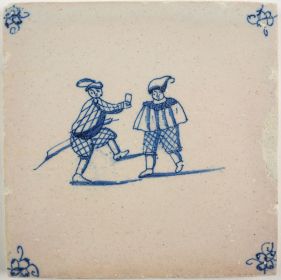 Antique Delft tile with two harlequins, 18th century