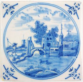 Antique Delft tile with a fortress, 18th century