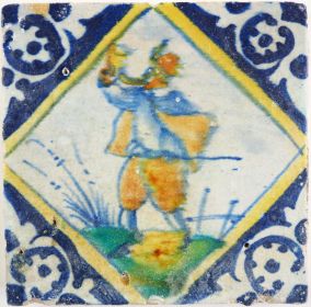 Antique Delft tile with a hunter, 17th century