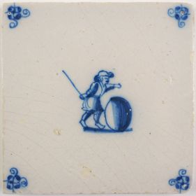 Antique Delft tile with a man playing with a hoop, 18th century